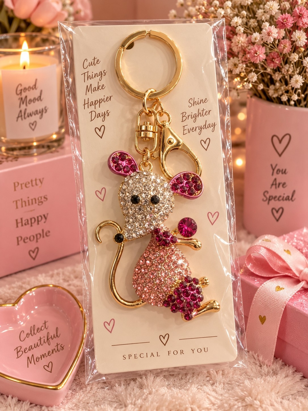 Sparkling Pink & Gold Cat Keychain - Cute Crystal Pet Accessory